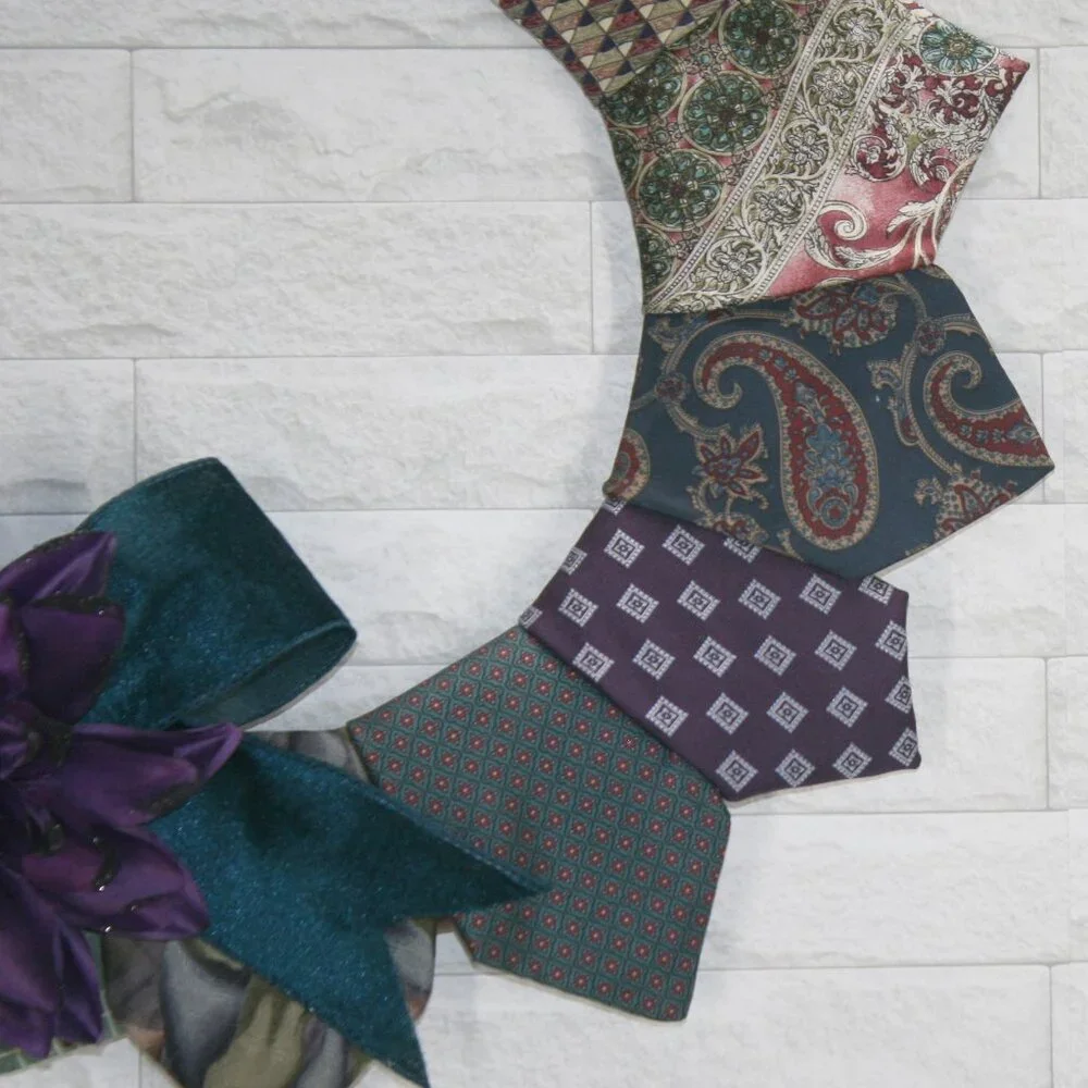 HAND CRAFTED Wreath Christmas Upcycled Necktie Teal Purple Decor Holiday Season